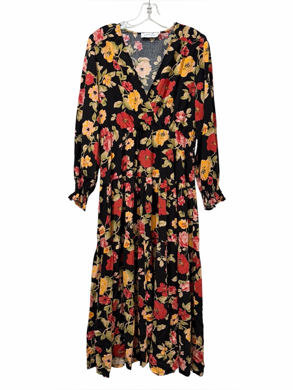 Petal and Pup Large Ruana Floral V Neck Maxi Long Sleeve Cottagecore Dress B4